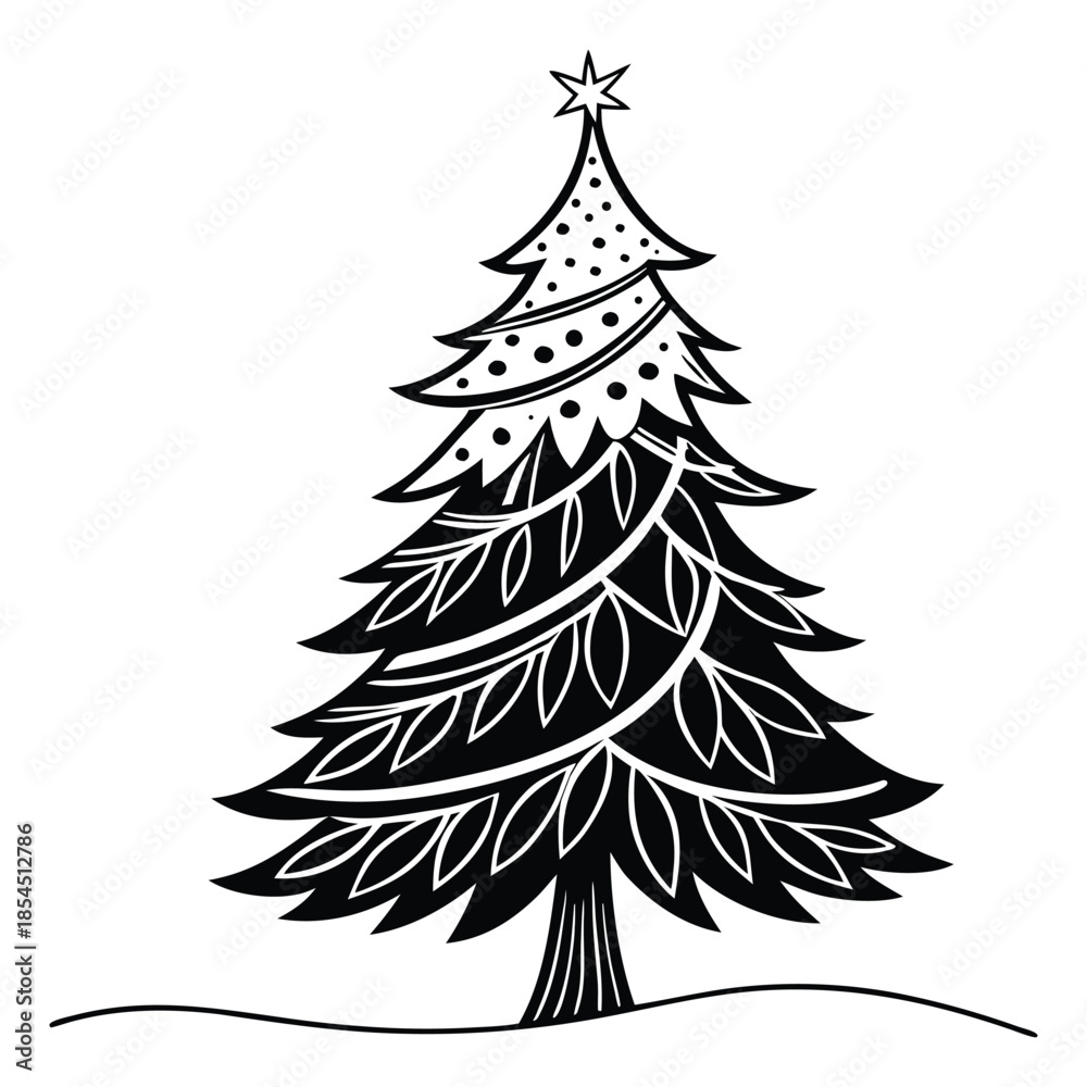 Obraz premium Black and white stylized Christmas tree with star and dots