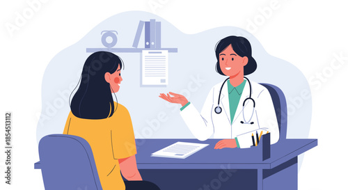 Professional female doctor in white lab coat consulting with female patient sitting at office desk in medical clinic for regular health check.