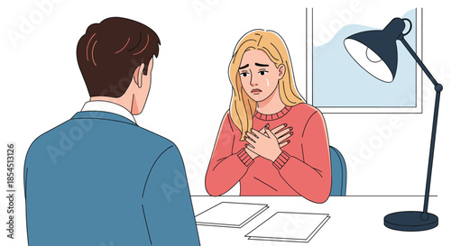 Upset young woman crying and touching her chest during a difficult conversation with a man at an office desk in a stressful environment.