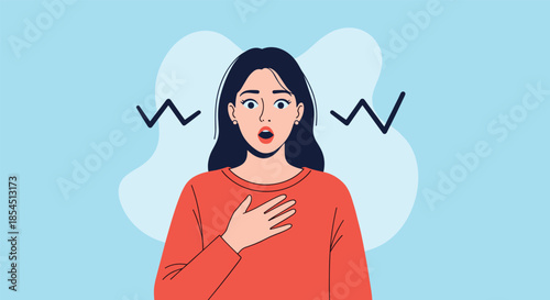 Surprised young woman with open mouth and hand on chest reacting to unexpected news or shock on blue background.