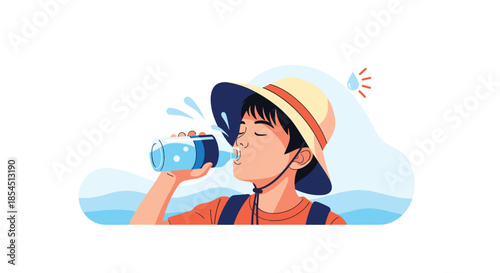 Young boy wearing sun hat drinking fresh water from blue bottle while outdoors on a sunny day for hydration and heatstroke prevention.
