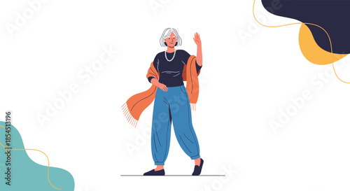 Elegant senior woman with gray hair wearing stylish blue pants and orange scarf waving while walking gracefully.