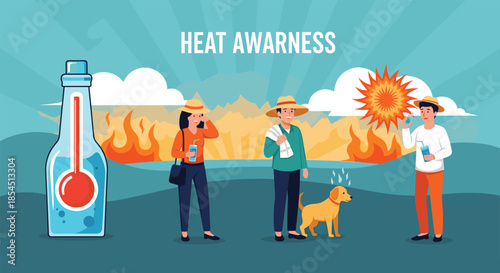 Heat awareness infographic with thermometer bottle and people drinking water to prevent heatstroke under hot sun.