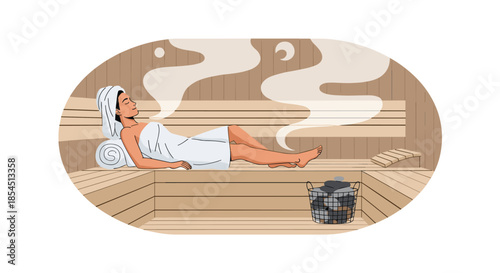 Young woman relaxing and enjoying the heat in a wooden sauna room with steam and hot stones for personal wellness and spa therapy.