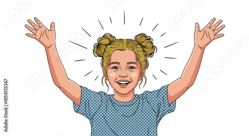 Cheerful young girl with blonde hair buns and a big smile raising her hands in excitement on a clean white background.