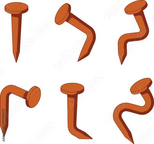 Set of rusty bent and crooked iron nails isolated on white background