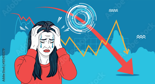 Stressed young woman crying with hands on her head in front of falling financial charts and arrows representing business loss.