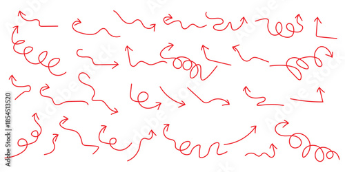 Hand drawn brush sketch red arrow line curve up, down shape chalk texture element set.