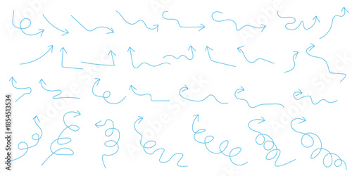 Set of blue hand drawn grunge doodle spiral and curved charcoal, chalk arrows on white background.