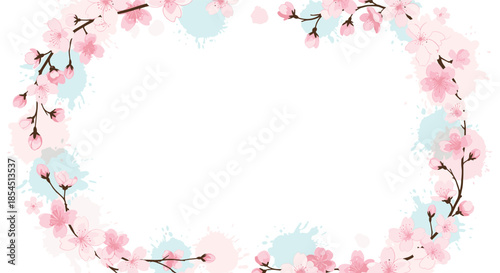 Delicate cherry blossom wreath frame with pink flowers and light blue watercolor splashes on white background.