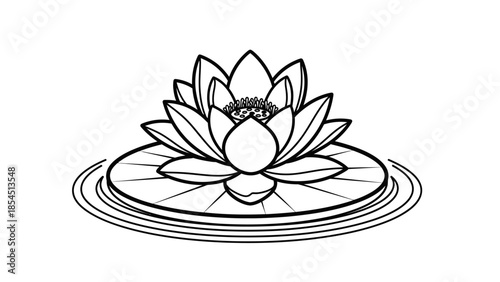 Water Lily on Lily Pad Vector Illustration in Line Art Style