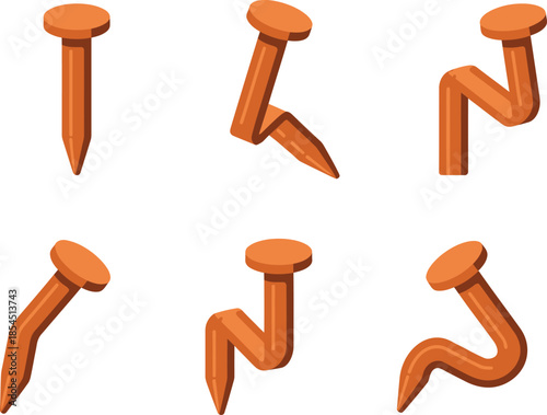 Set of bent and straight rusty nails isolated on white background