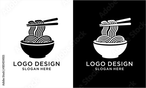 Minimalist Black and White Noodle Bowl with Chopsticks Logo Design.