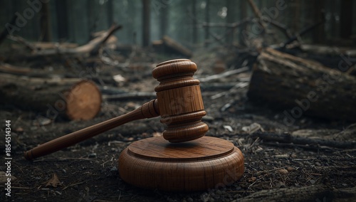 Judge Gavel Against Deforestation Symbolizing Environmental Law and Forest Protection