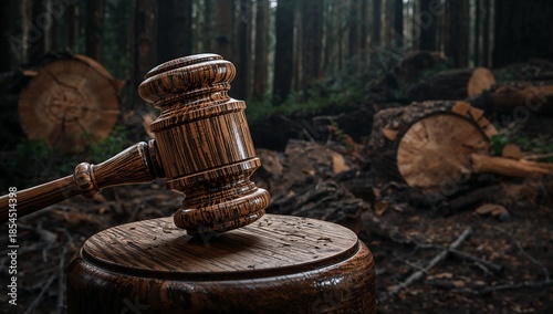 Judge Gavel Against Deforestation Symbolizing Environmental Law and Forest Protection