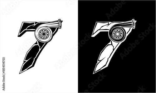 Monochromatic stylized number seven with integrated turbocharger design.