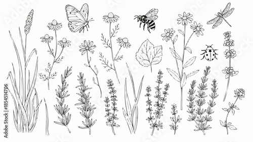 Hand drawn illustrations of various wildflowers and insects.