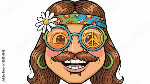 Cartoon Hippie Woman with Mustache and Sunglasses.