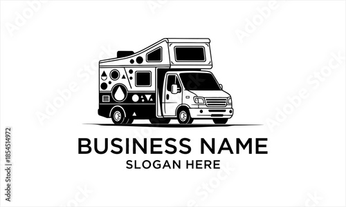 Monochrome illustration of a vintage camper van, perfect for travel and adventure themes.