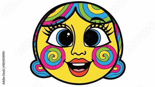Colorful Cartoon Face with Swirls and Eyelashes.