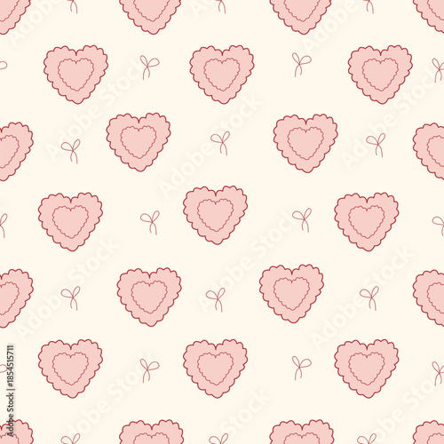 Seamless pattern with pink decorative hearts and small bows on a light background. Romantic background in doodle style for gift decoration.