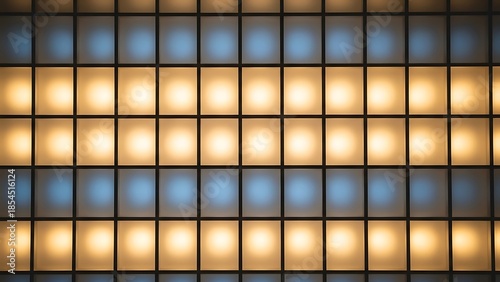 Illuminated wall with square pattern emitting warm yellow and blue light