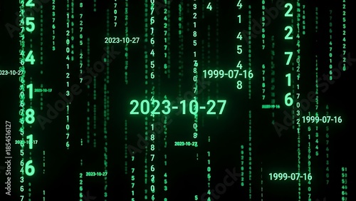 Matrix style binary code rain with falling numbers and date in green color