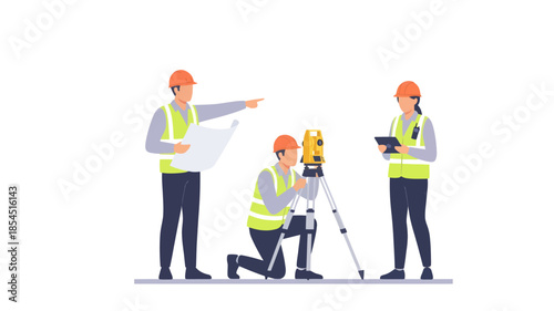Illustration of three construction workers operating surveying equipment on a site