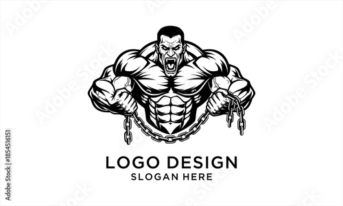 Muscular bodybuilder with intense expression and broken chains, symbolizing strength and freedom.