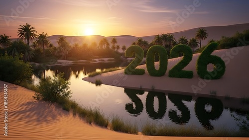 Year 2026 in green topiary letters on sand dune at desert oasis