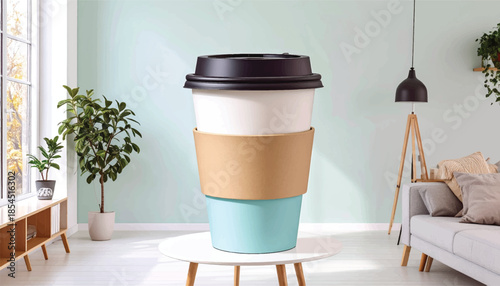 Large Coffee Cup with Lid and Sleeve on Table.