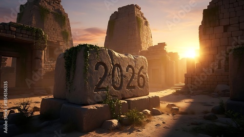 Ancient ruins with stone block inscribed with year 2026 at sunset