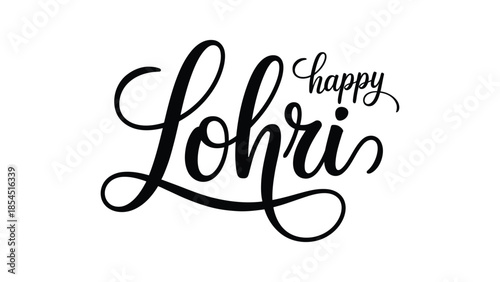 Happy lohri elegant hand lettering calligraphy typography in black and white minimalist style illustration for punjabi indian harvest festival greeting design
