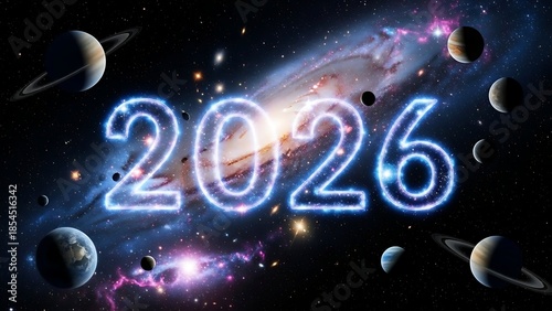 Futuristic glowing 2026 year design with planets and galaxy background