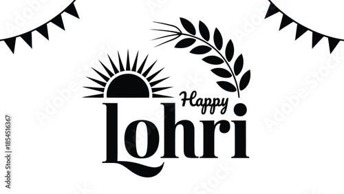 Happy lohri black and white minimalist typography with sun rays wheat branch and festive bunting illustration for punjabi indian harvest festival design