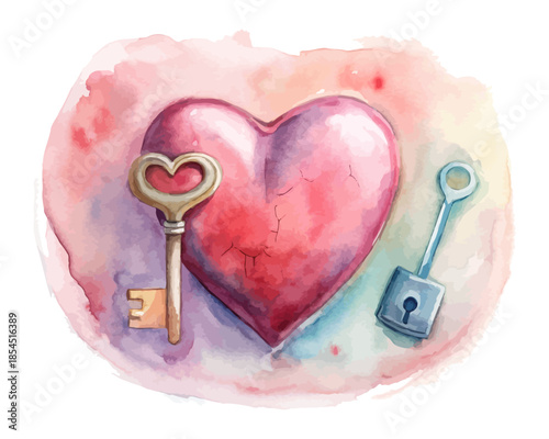 Heart Key and Lock Watercolor Icon Valentine Symbol vector illustration isolated on white background