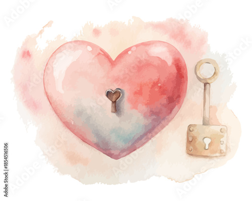 Heart Key and Lock Watercolor vector illustration isolated on white background