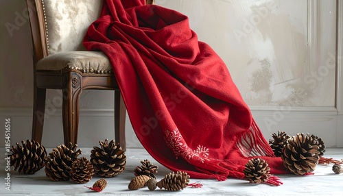 Lush red textile draped over an antique chair; pinecones scattered on the floor