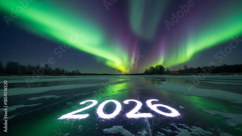 Magical 2026 year celebration with aurora borealis and snowy landscape