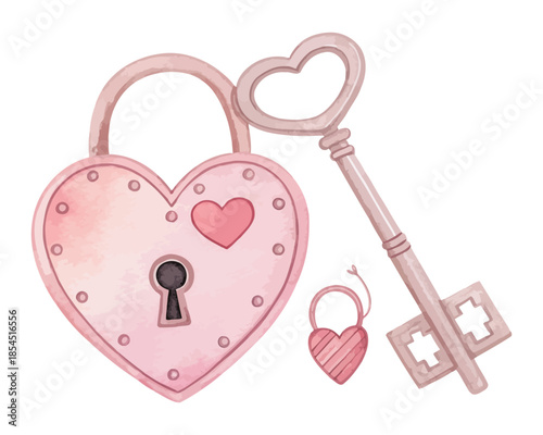 Heart Key and Lock Watercolor Icon vector illustration isolated on white background