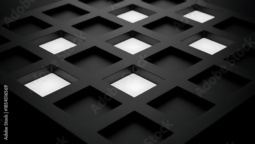 Abstract black square grid pattern with white light underneath