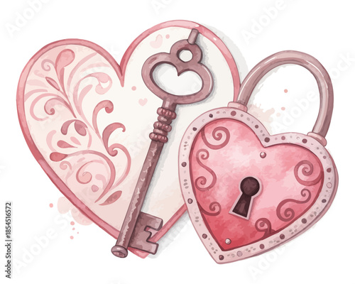 Heart Key and Lock Watercolor Icon – Valentine Symbol Isolated on White Background