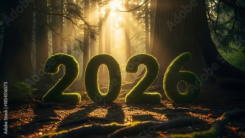 Moss covered 2026 number amidst sunlit forest background