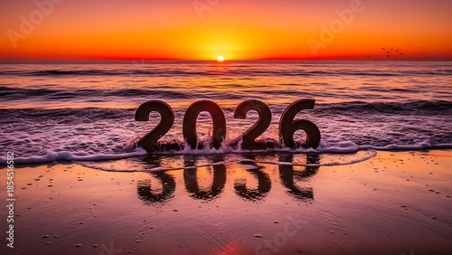 Year 2026 written in sand on beach at sunset over ocean