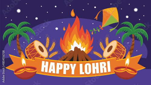 Happy lohri night festival illustration with bonfire dhol drums flying kite palm trees and glowing decorations celebrating punjabi indian harvest festival