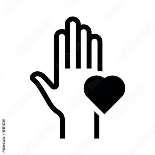 An icon of a hand with a heart symbol, representing care and support for others in various situations and activities.