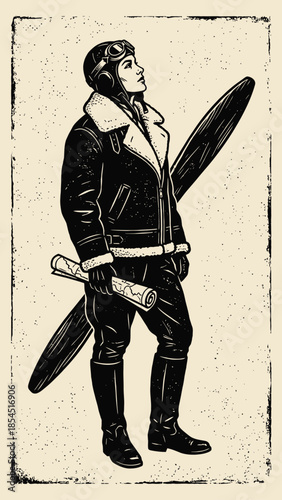 Vintage Aviator Portrait with Propeller and Map Engraving