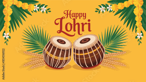 Happy lohri festive illustration with traditional dhol drums wheat ears floral decoration and vibrant yellow background for punjabi indian harvest festival celebration