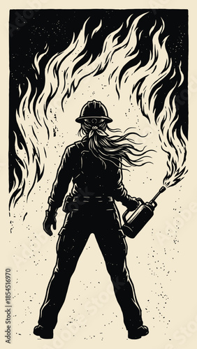 Graphic Illustration of Female Wildland Firefighter with Blowtorch