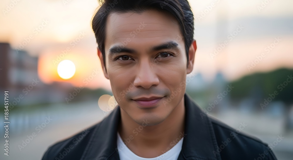 Fototapeta premium Handsome Asian man looking directly at camera with sunset in background.